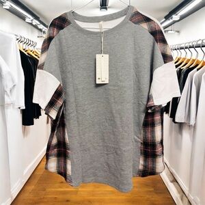 NEW Evaless Color Block Waffle Knit Flannel Plaid Cotton Blend Top